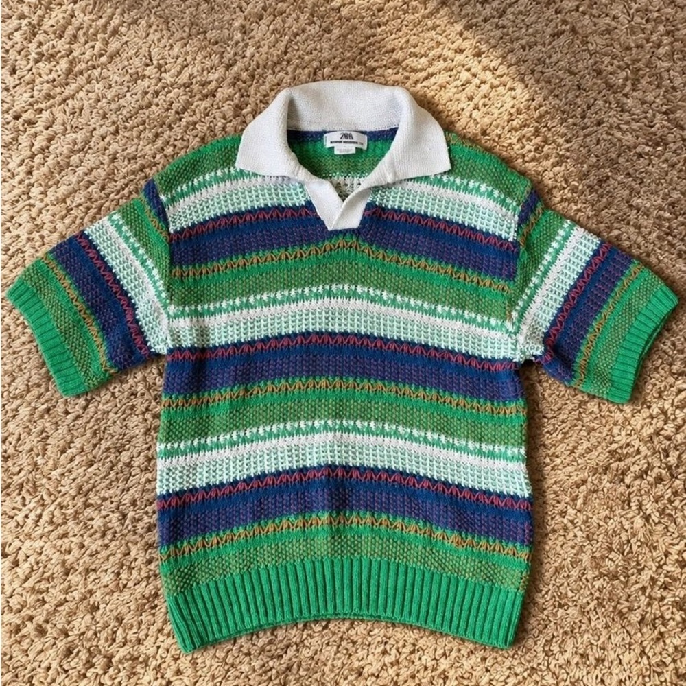 Zara Green Striped Knit Polo Sweater with White Collar